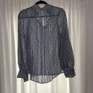 H&M Blue Puff Sleeve Blouse with Mandarin Collar